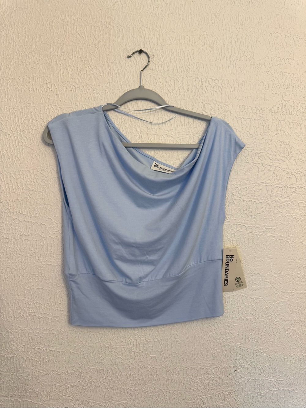 No Boundaries Light Blue Draped Cowl Neck Off the Shoulder Top